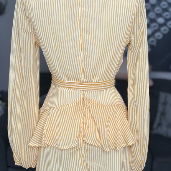 Leith Yellow & White Striped Long Sleeve Wrap Mini Dress – Size Small Romantic - Picture 3 of 4